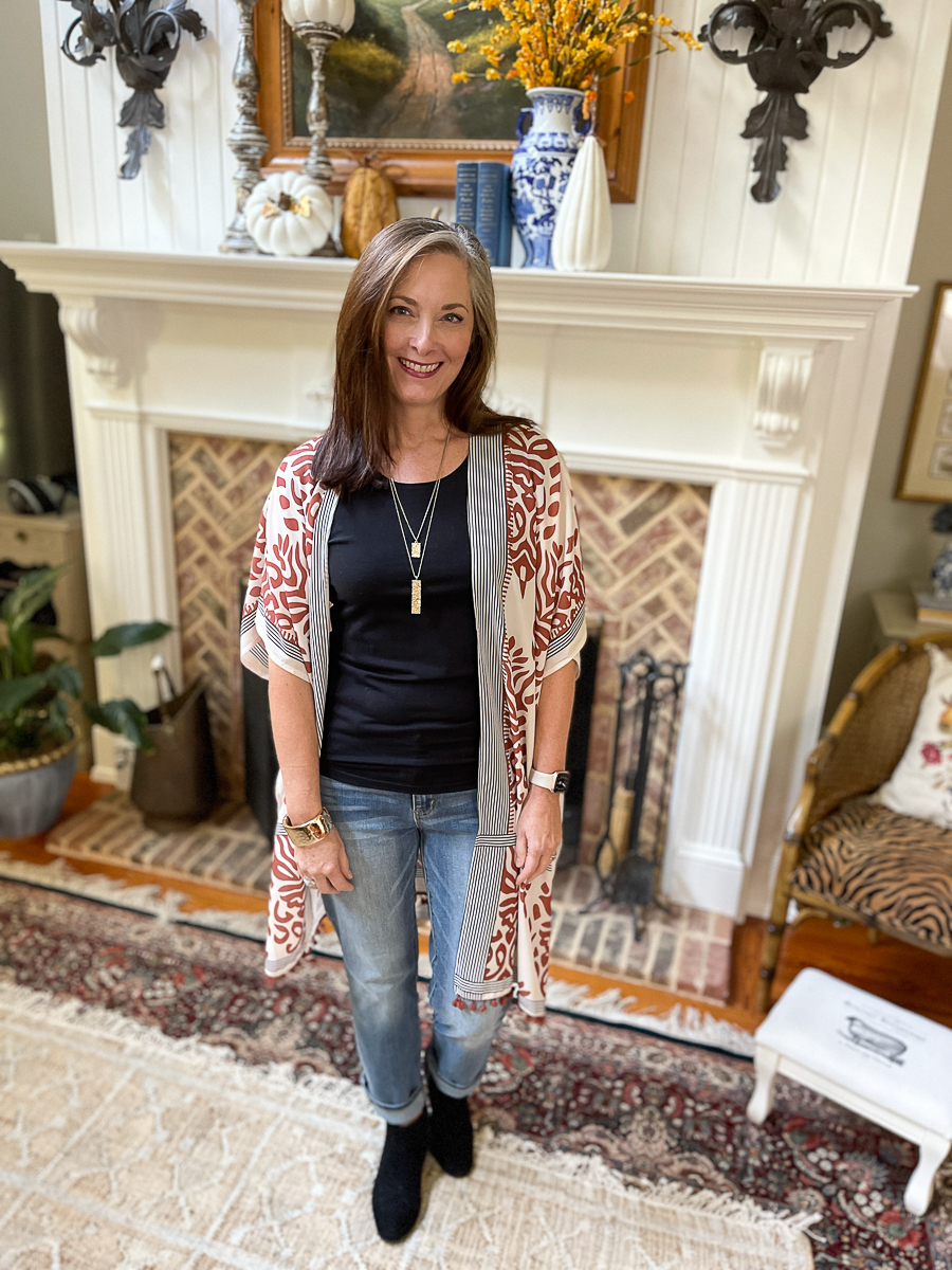 kimono with jeans and a black tee