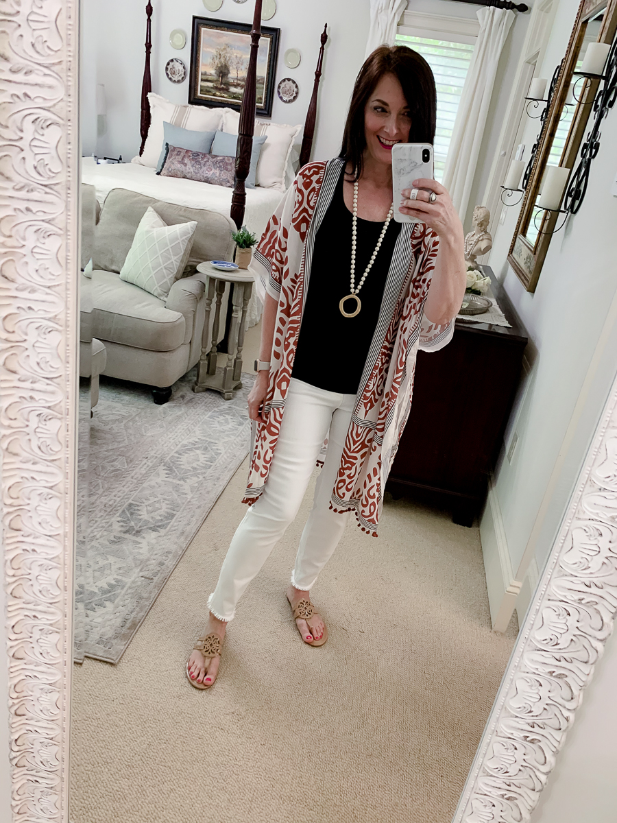 kimono with white jeans