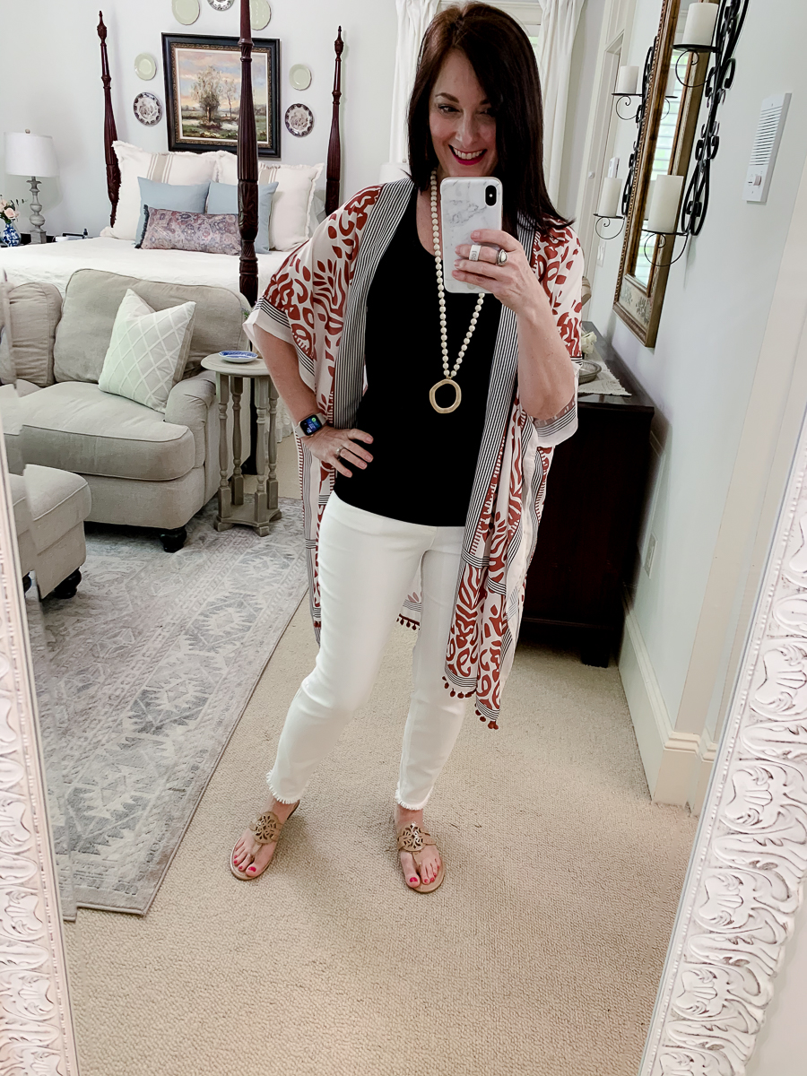 kimono with white jeans