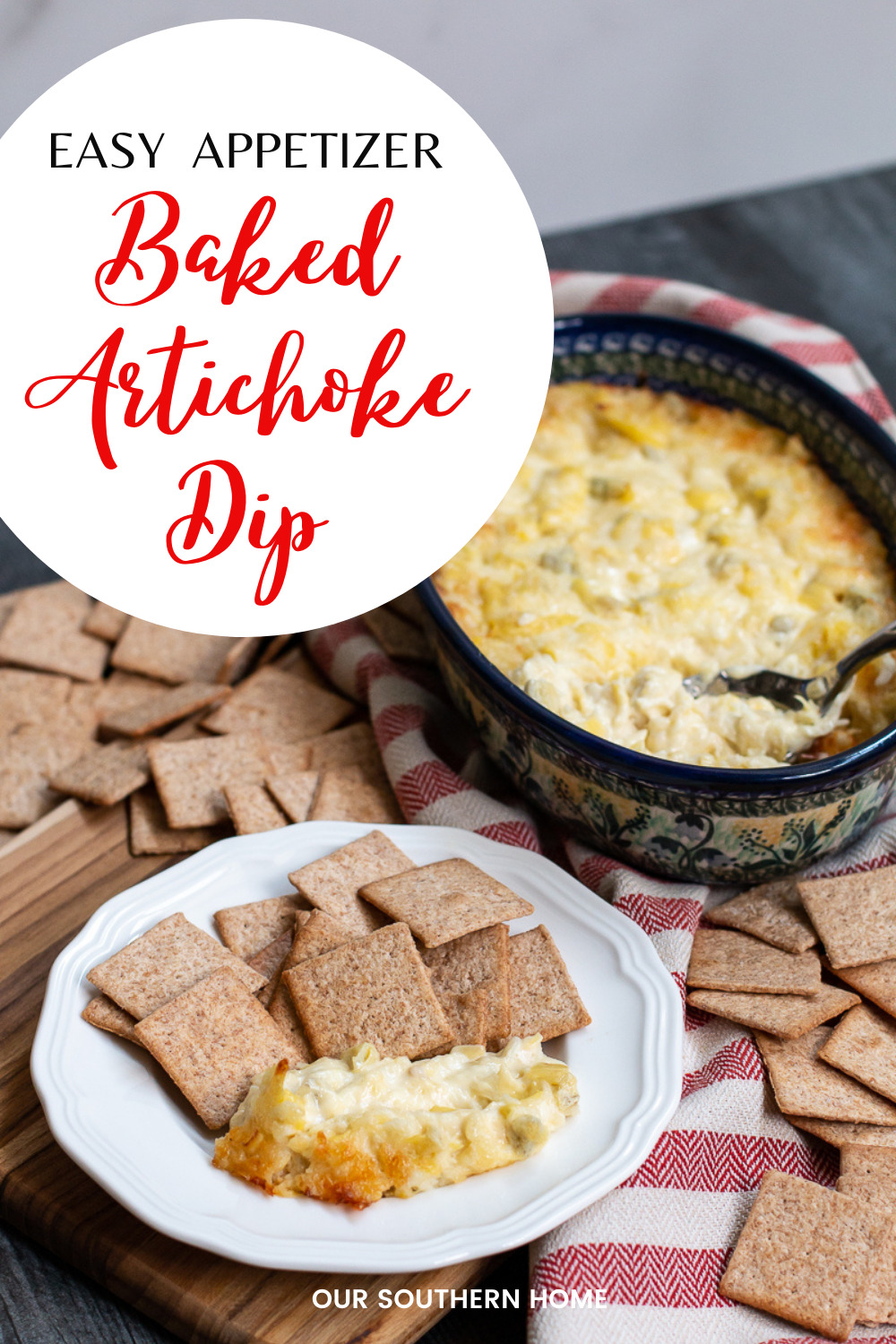 artichoke dip in a dish with text overlay