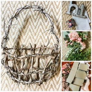 Cottage farmhouse style basket wreath is this month's thrift store makeover! Many ideas brought to you each month from the team! #thriftstore #makeover #wreath #basketwreath #frontdoor