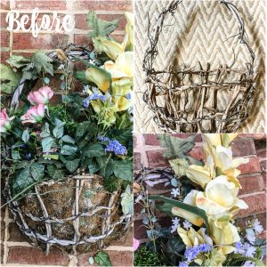 Cottage farmhouse style basket wreath is this month's thrift store makeover! Many ideas brought to you each month from the team! #thriftstore #makeover #wreath #basketwreath #frontdoor