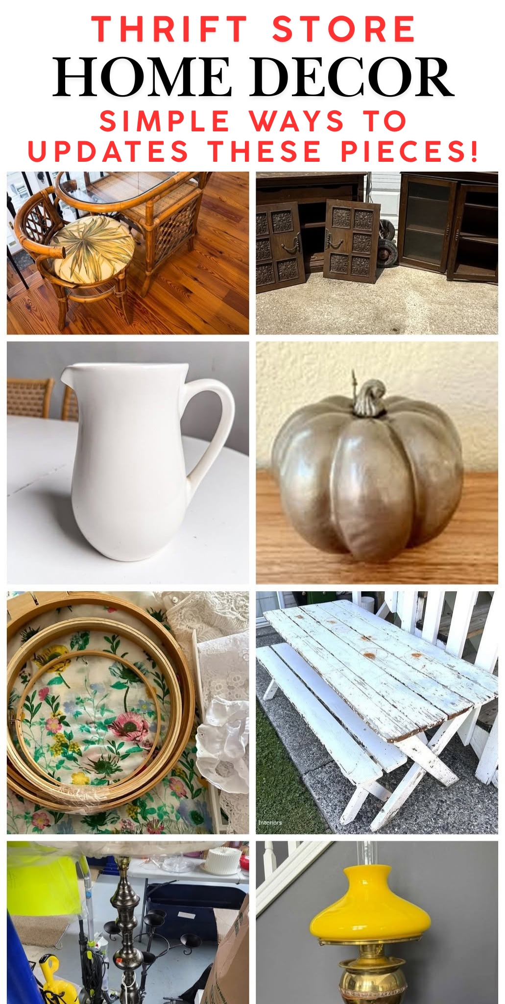 Thrift store home decor collage featuring furniture, vintage decor, lamps, and simple DIY makeover ideas.
