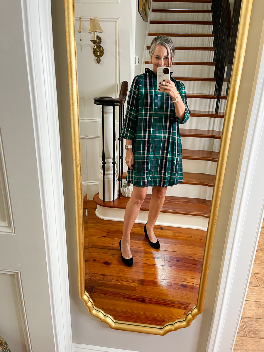 mirror selfie in plaid dress from belk