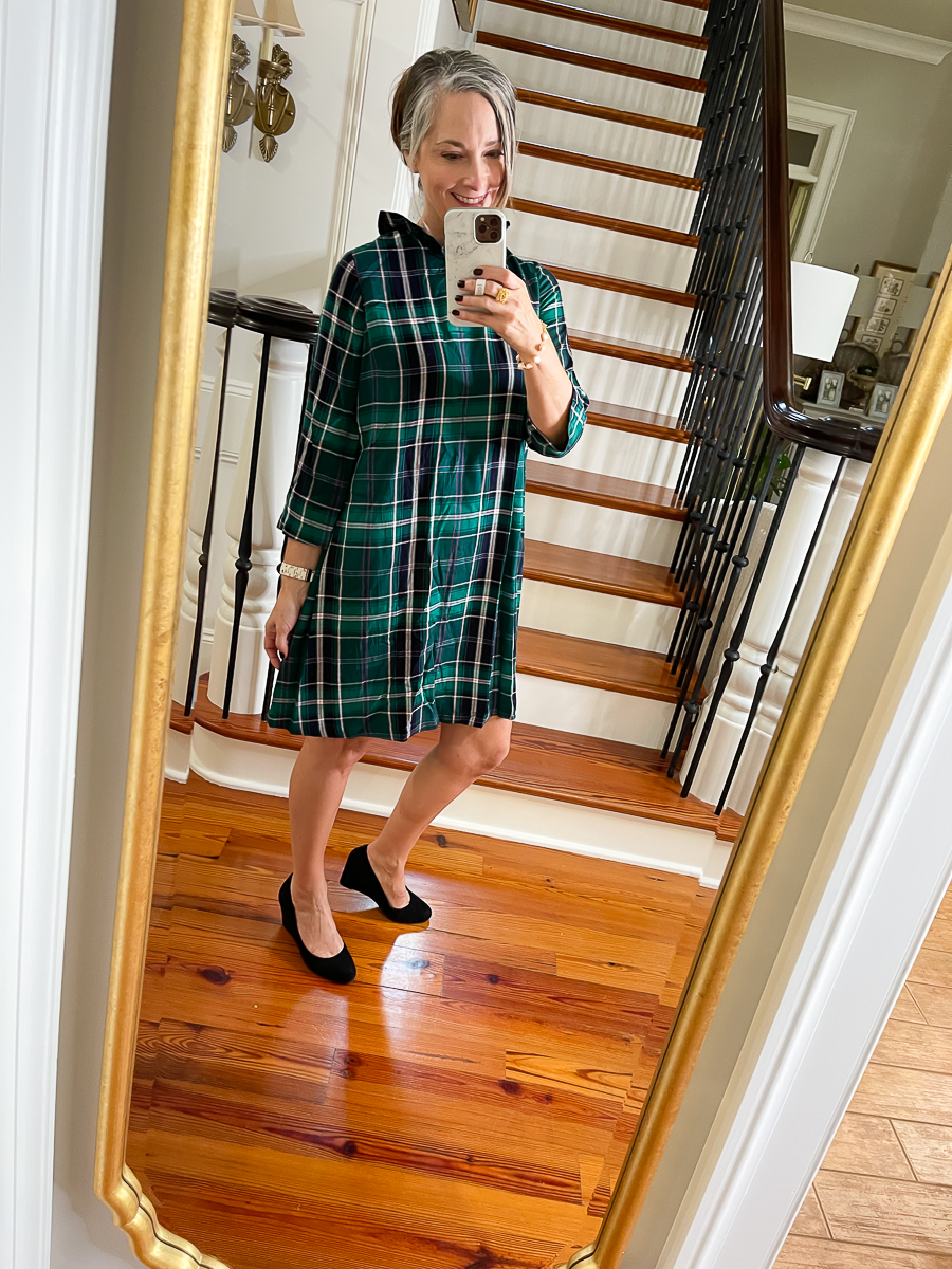 mirror selfie in plaid dress from belk