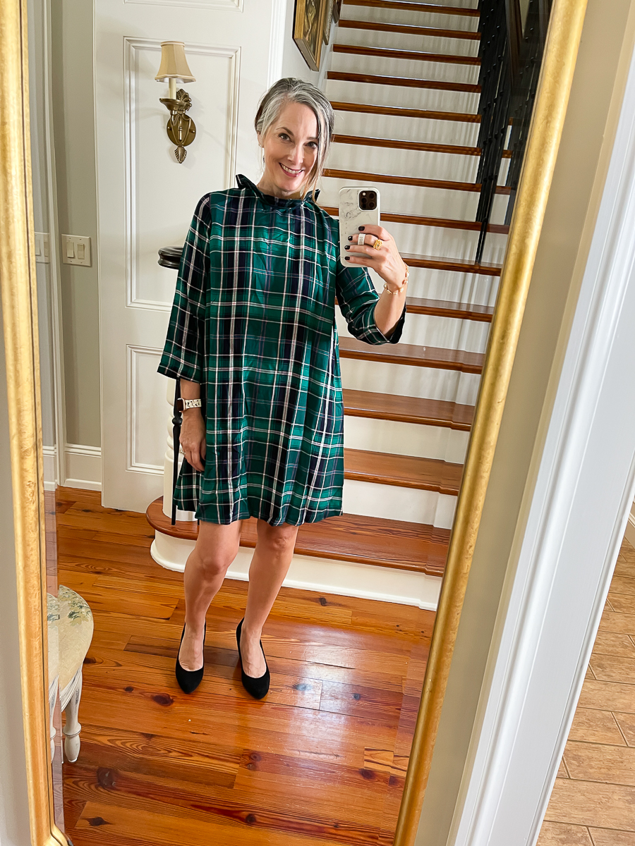 mirror selfie in plaid dress from belk