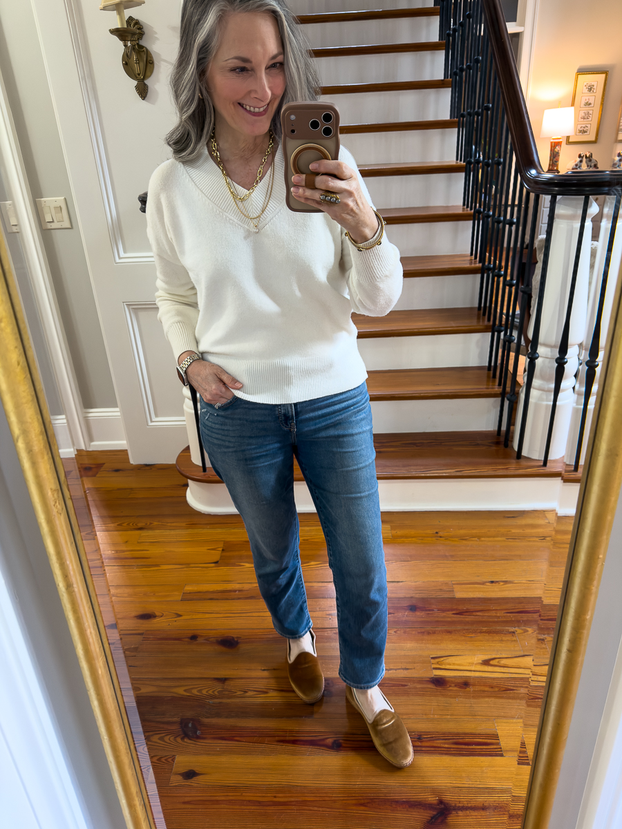 Birdies Velvet flats with jeans and cream sweater