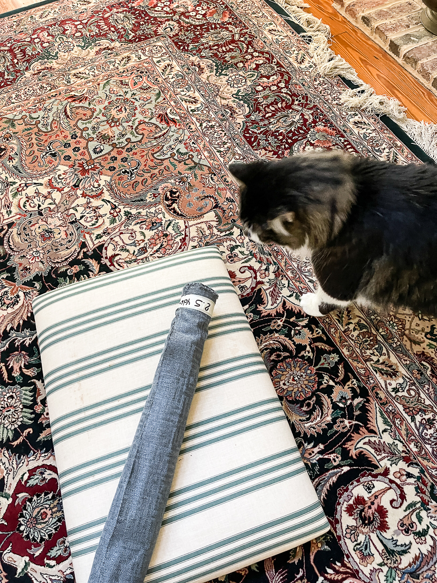 cushion with bolt of fabric and cat