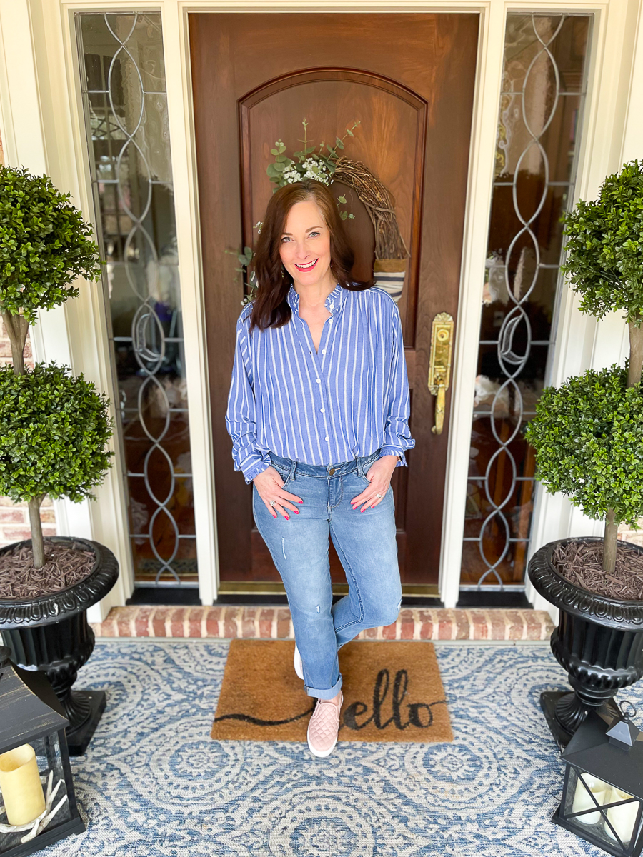 lady in blue striped shirt