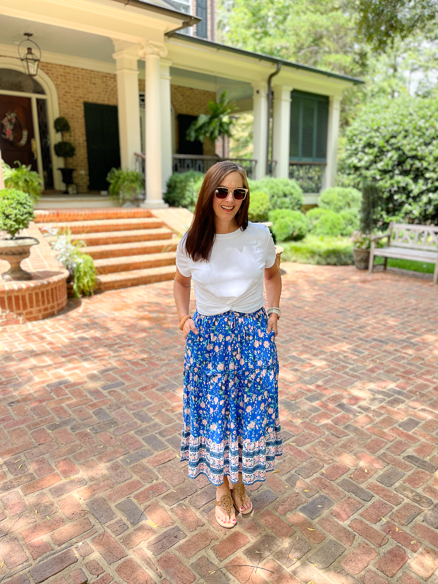 woman in skirt on patio