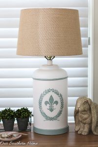 Shades of Blue Thrift Store lamp Makeover with stencil!