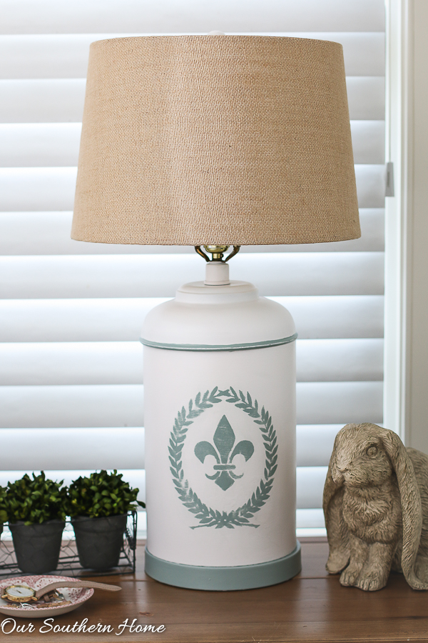 Shades of Blue Thrift Store lamp Makeover with stencil!