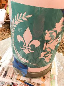Shades of Blue Thrift Store lamp Makeover with stencil!