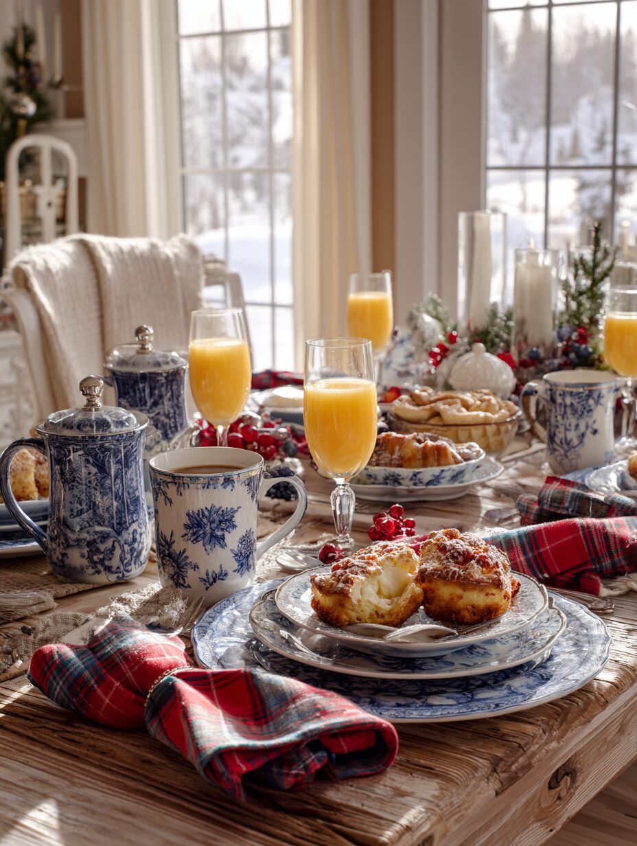 A cozy Christmas morning breakfast table set with blue and white dishes, pastries, coffee, and mimosas in a New England cottage