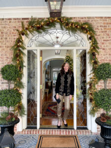holiday outfit in a doorway