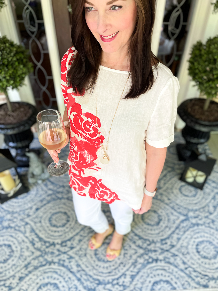 woman in coral tee