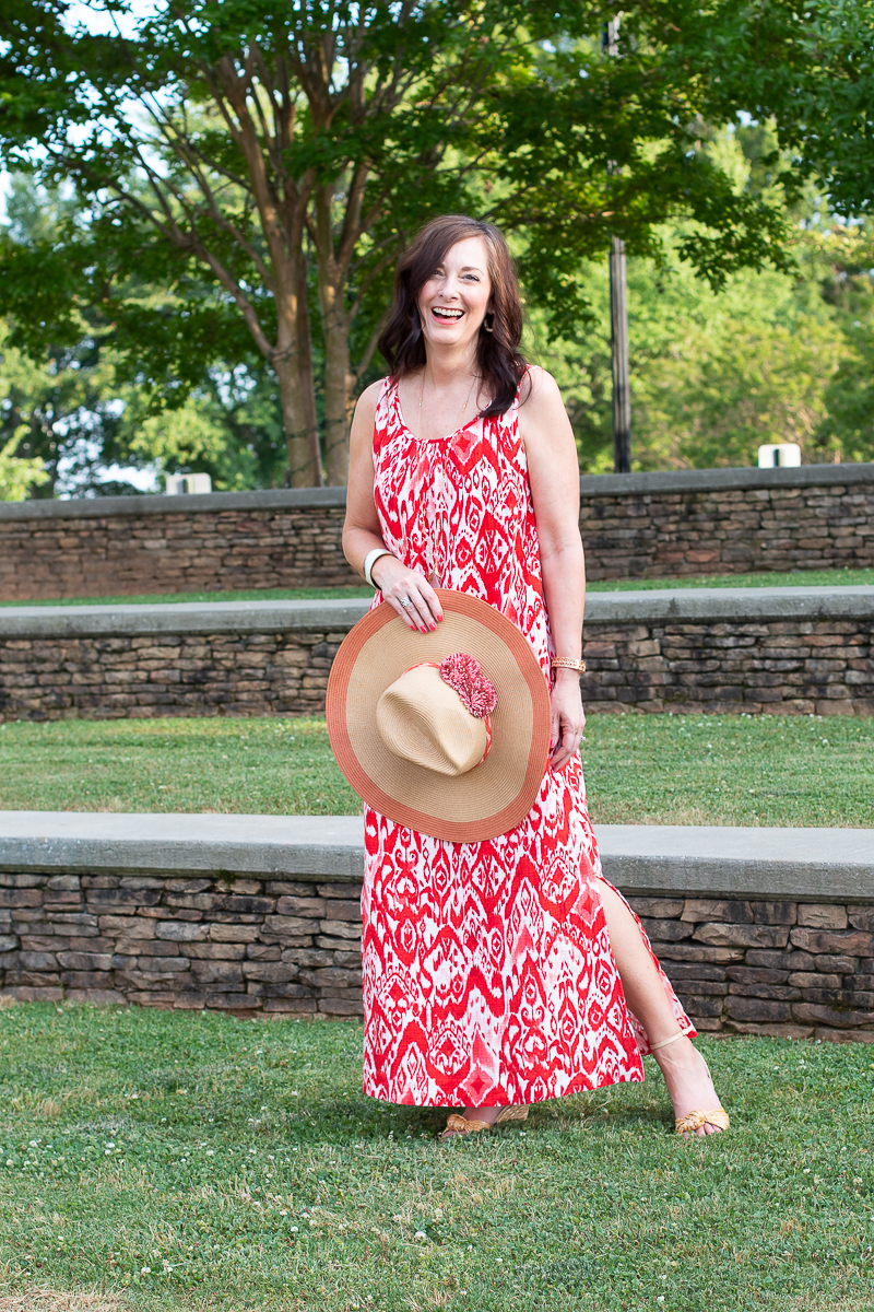 ikat dress with sun hat