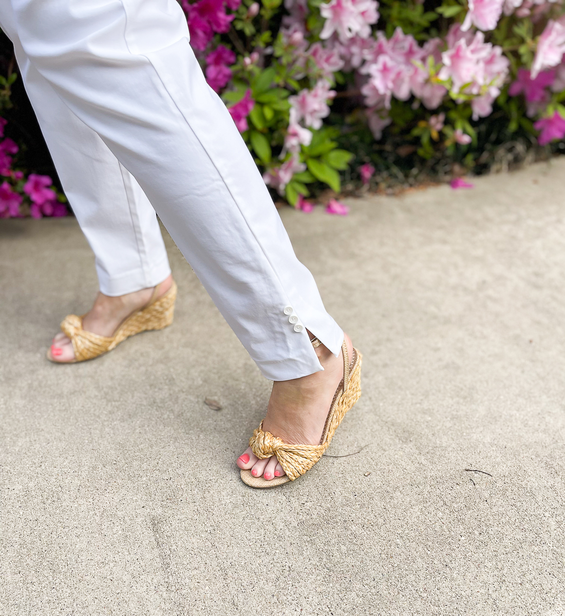 sandals and white pants