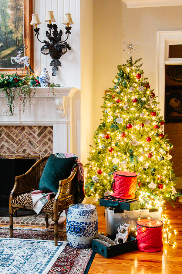 christmas tree by fireplace