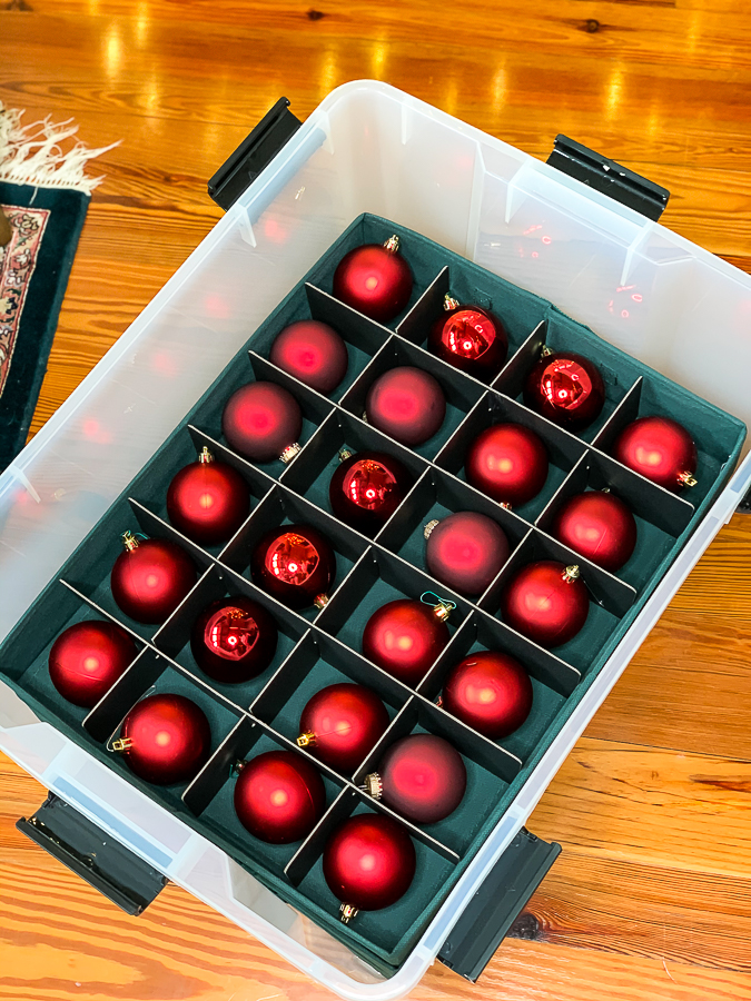 plastic crate with christmas ornament storage