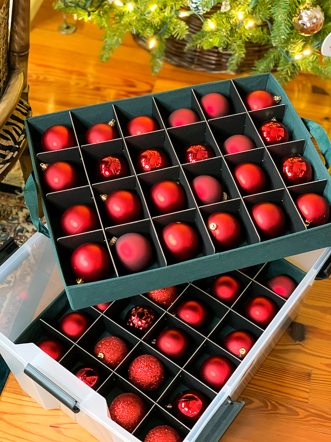 ornaments in a plastic crate