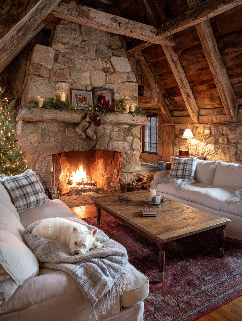 A cozy family room in a New England cottage featuring a stone fireplace, exposed wood beams, Christmas decor, and warm lighting