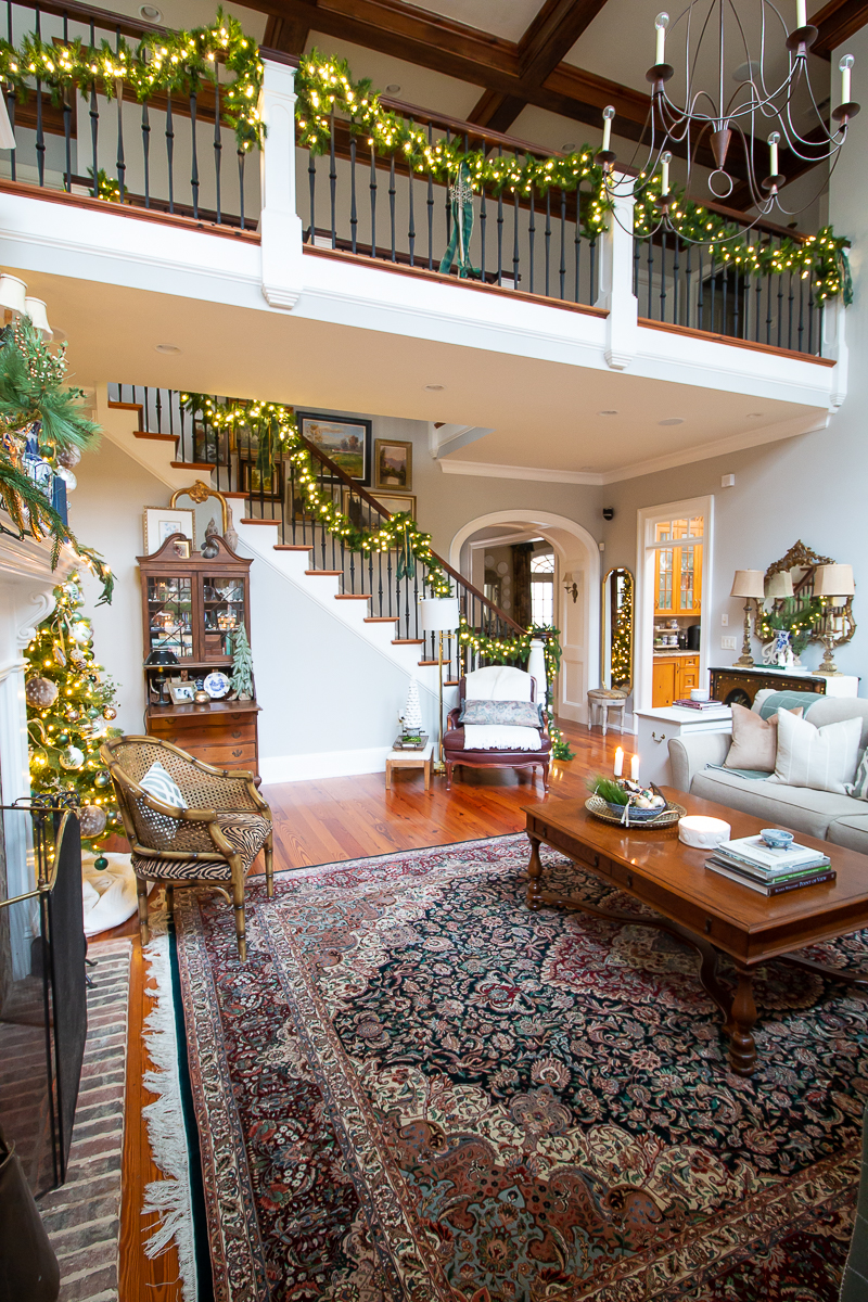 family room with colorful rug
