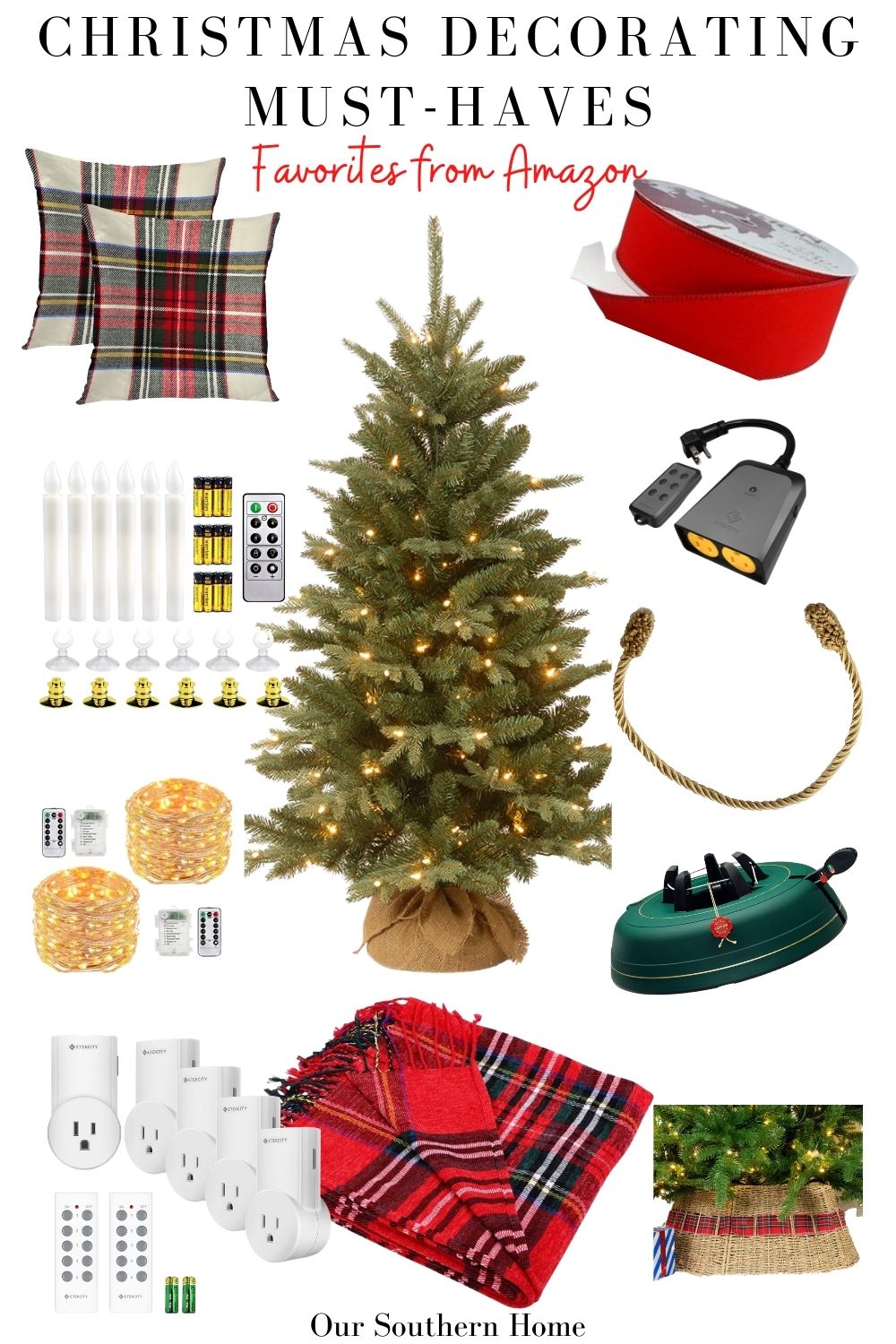 graphic collage of different Christmas decorating must-haves 