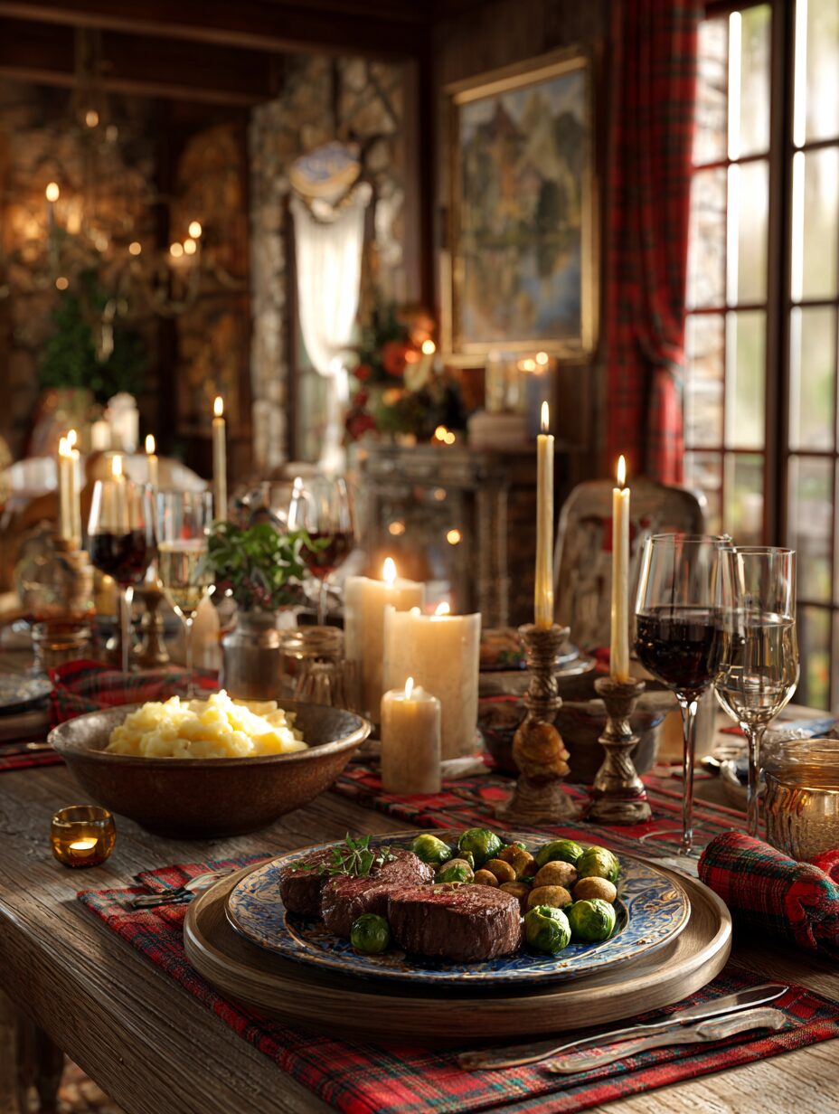 A cozy Christmas dinner table set with beef tenderloin, garlic mashed potatoes, roasted Brussels sprouts, candles, and holiday decor in a New England cottage