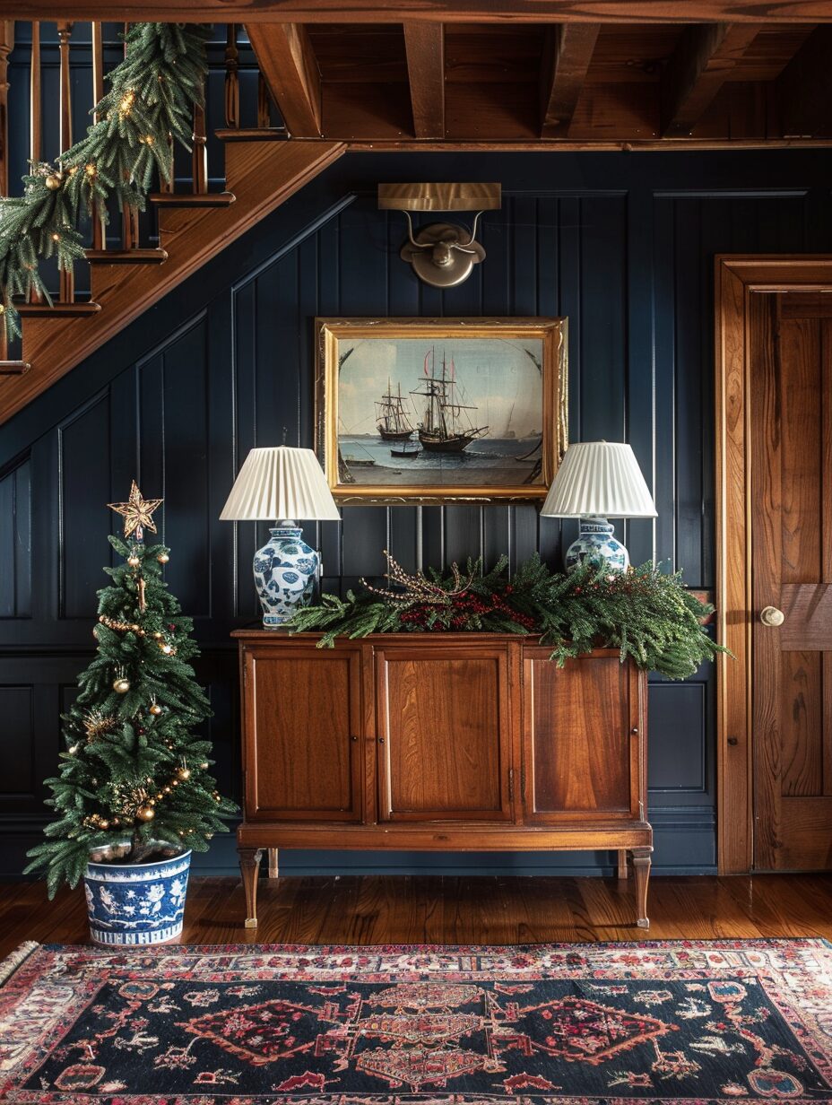 A cozy Christmas cottage foyer with navy walls, antique rug, chinoiserie lamps, garland on staircase, and warm holiday lighting