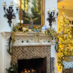 christmas mantel with green, blue and tan