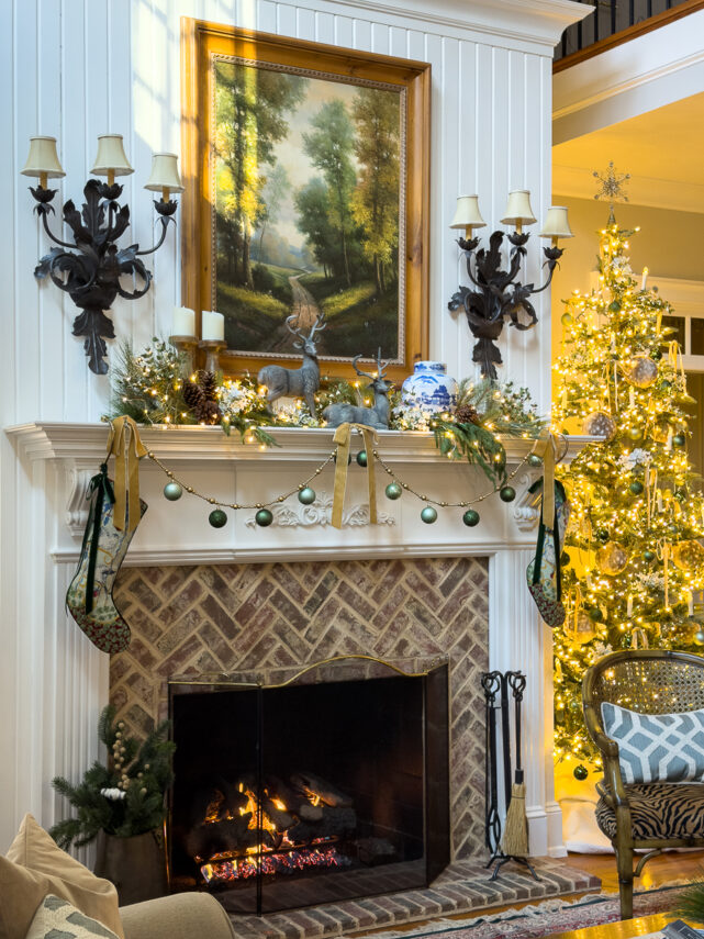 christmas mantel with green, blue and tan