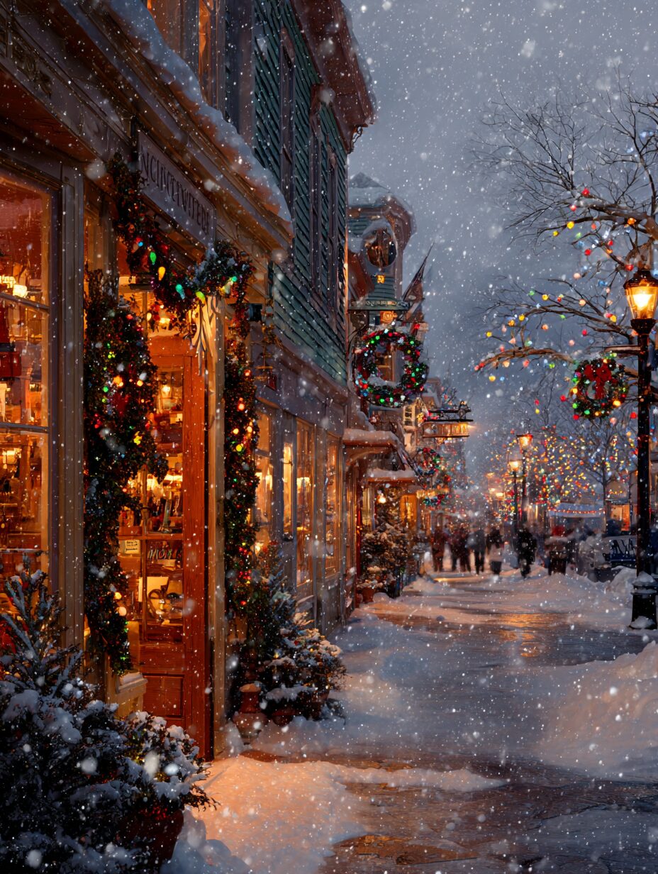 A snowy New England town decorated with Christmas lights and holiday wreaths in Willow Bay