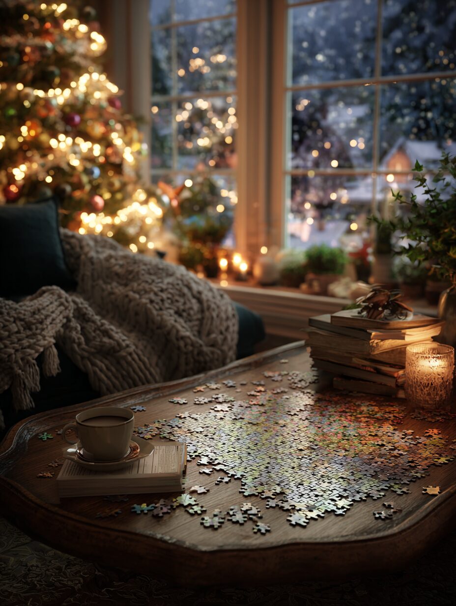 A cozy Christmas evening with a jigsaw puzzle on a coffee table, candlelight, books, and a glowing Christmas tree in a New England cottage