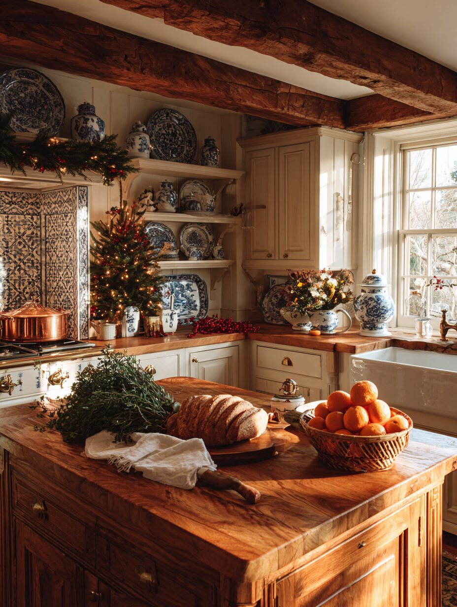 A cozy Christmas cottage kitchen with farmhouse details, warm lighting, holiday greenery, and a welcoming breakfast area