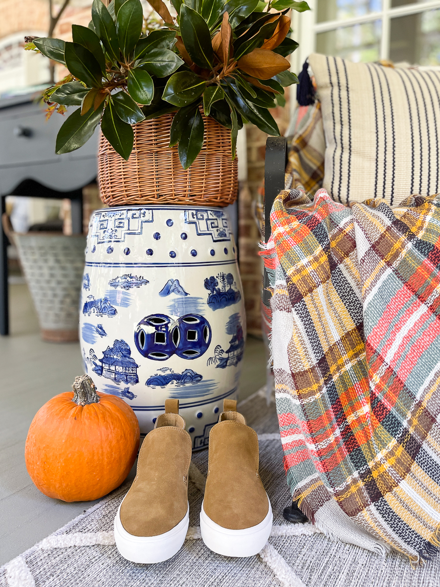 fall vignette with orange pumpkin