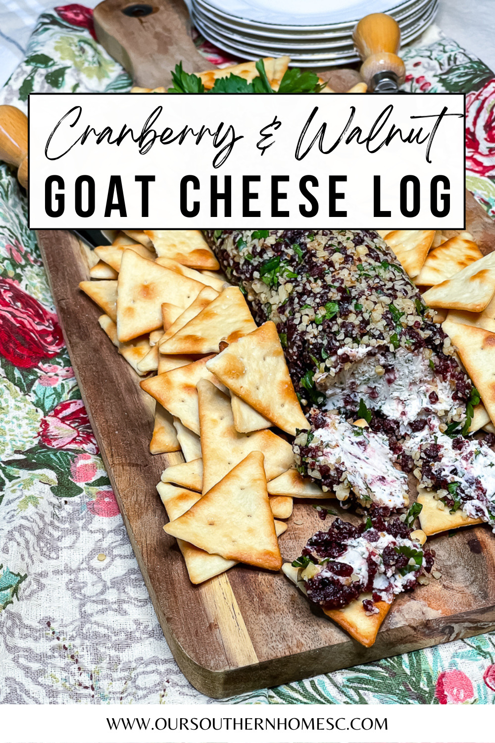 goat cheese log on a tray with crackers