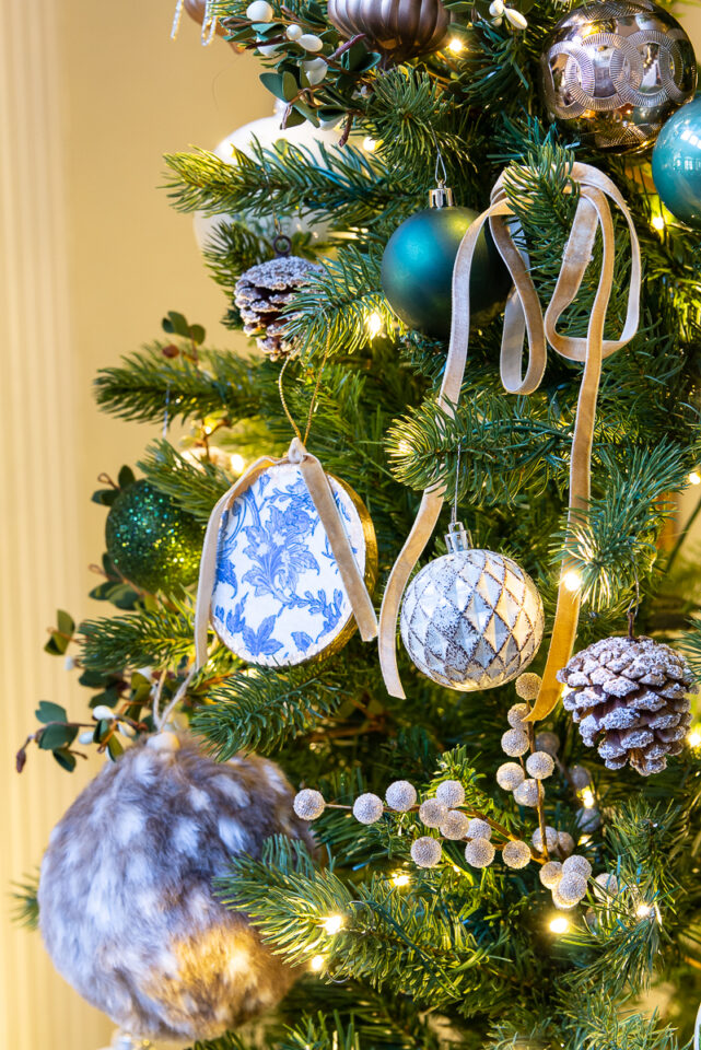 side view of christmas ornaments on tree