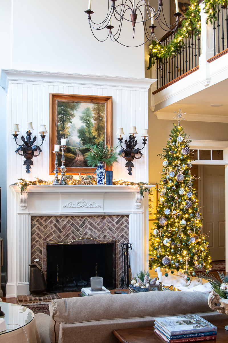 christmas tree by fireplace