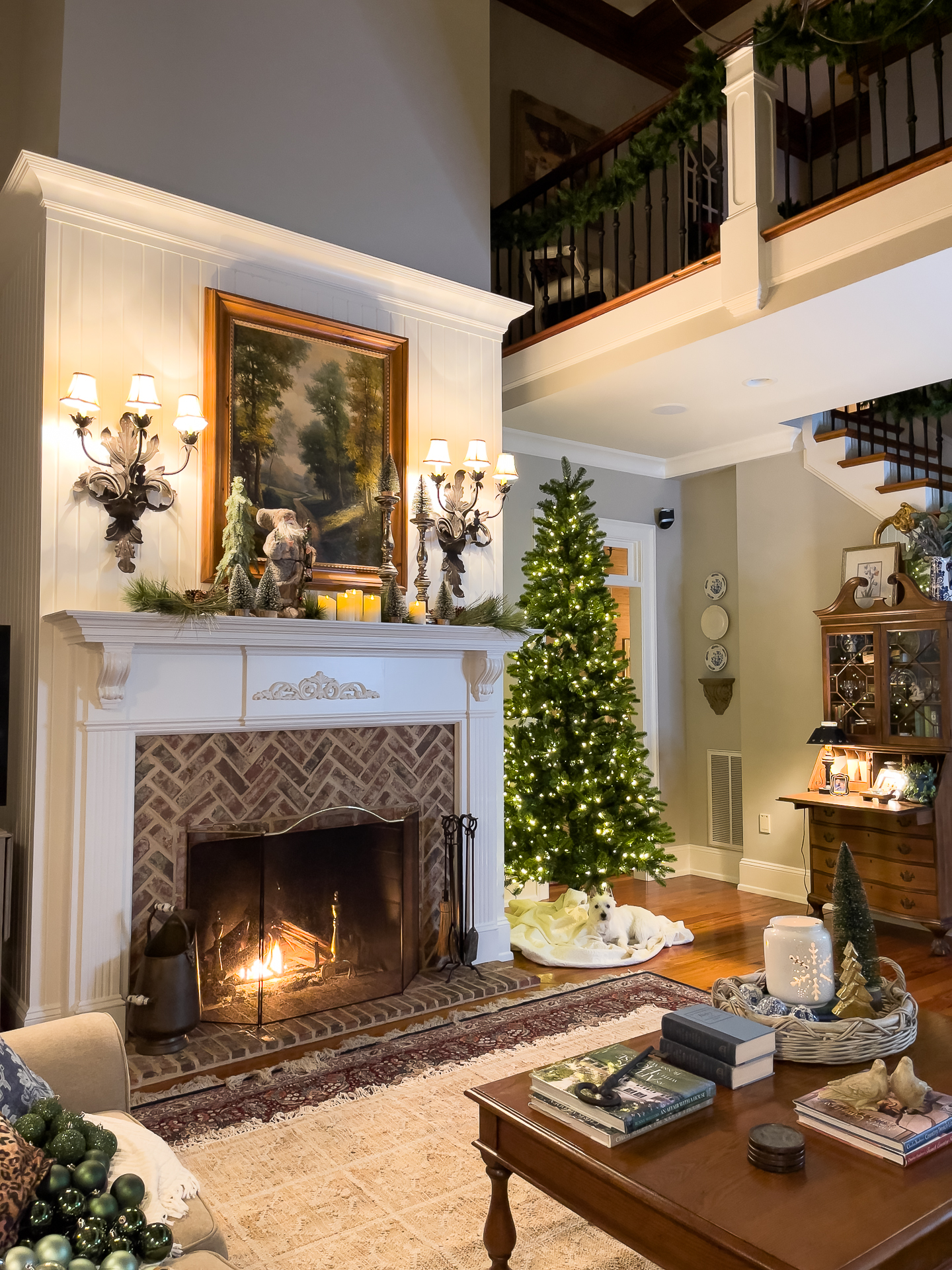 family room decorated for Christmas