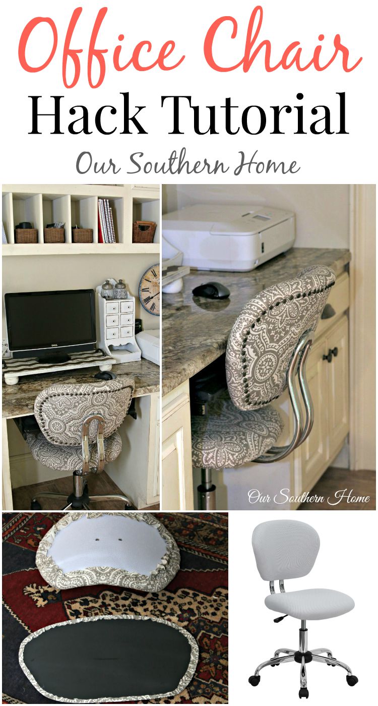 Office chair hack tutorial with simple upholstery make the workspace more comfortable and stylish by Our Southern Home for a farmhouse look.