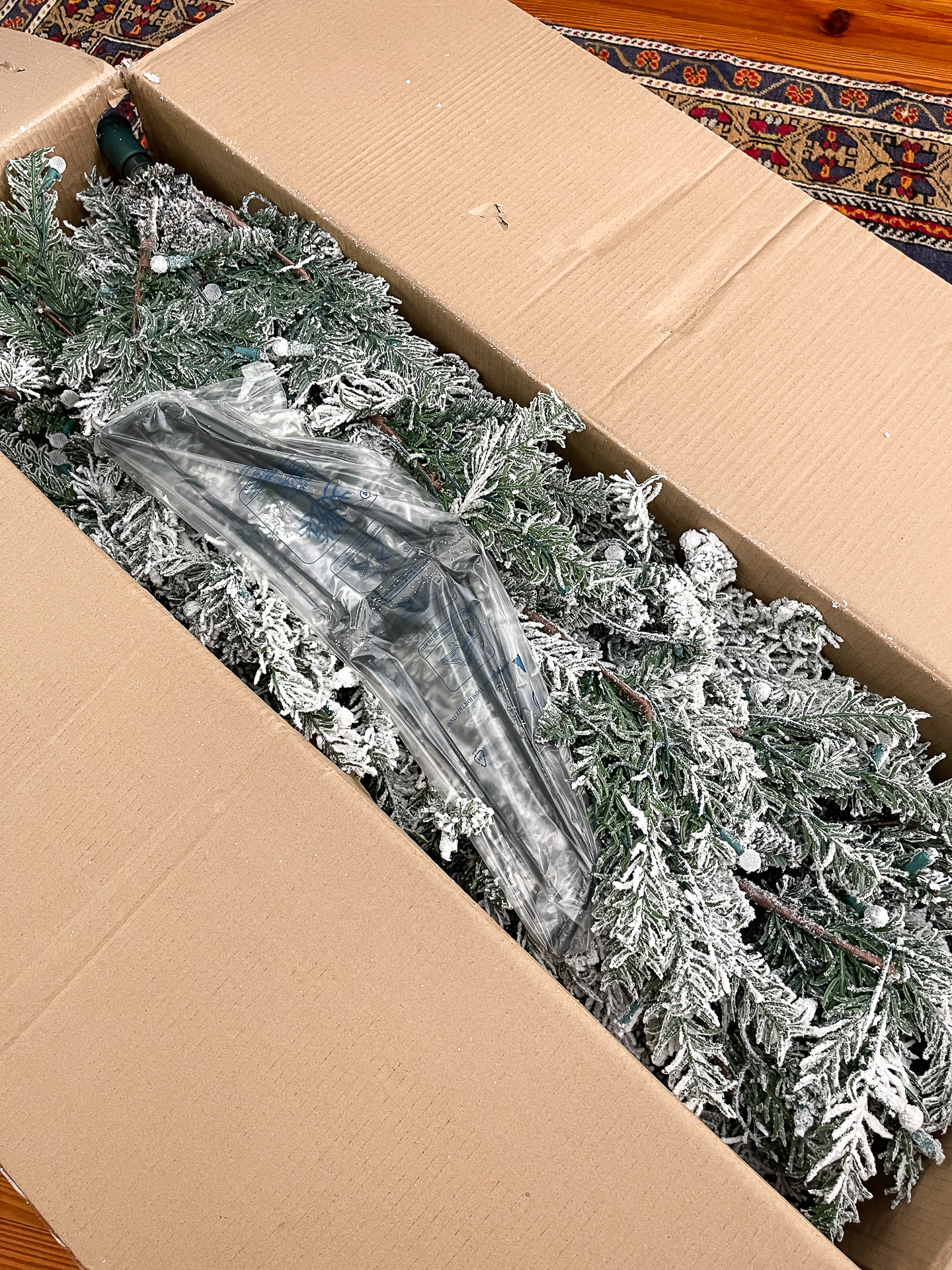 flocked Christmas tree in a box