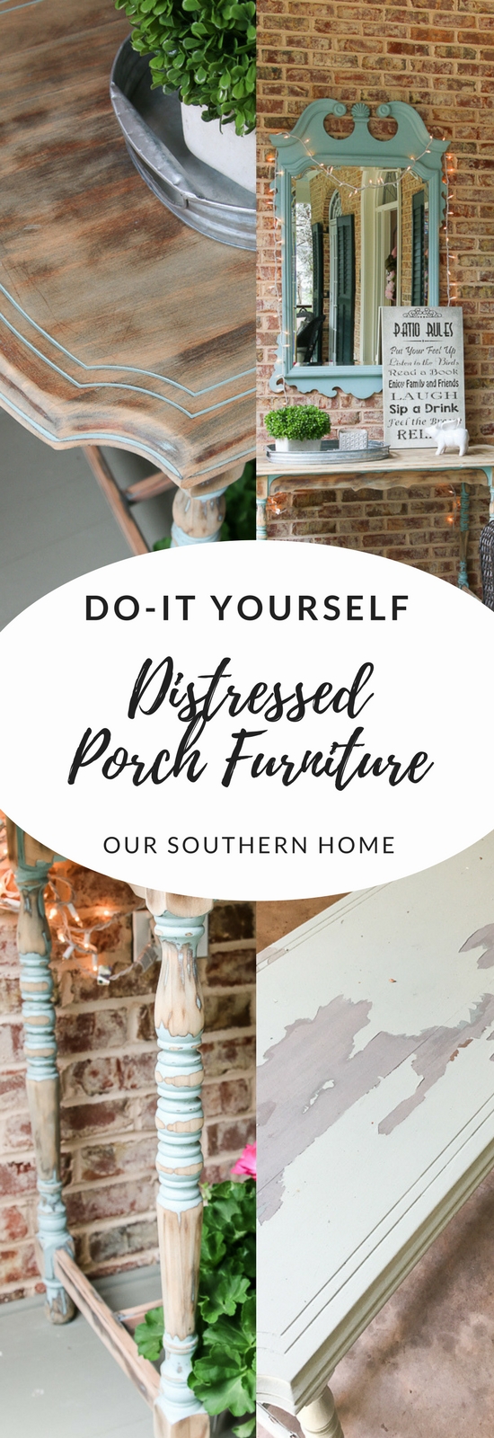 Thrift store console table is perfect on the porch with its new makeover! #paintedfurniture 