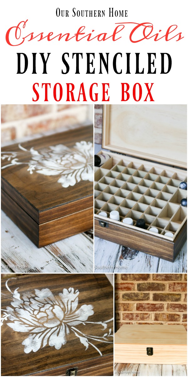 DIY stenciled essential oils storage box is a simple spruce up to unfinished storage.