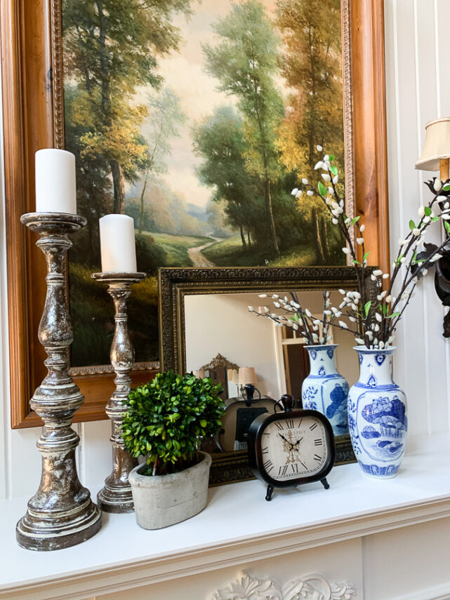 blue and white spring mantel