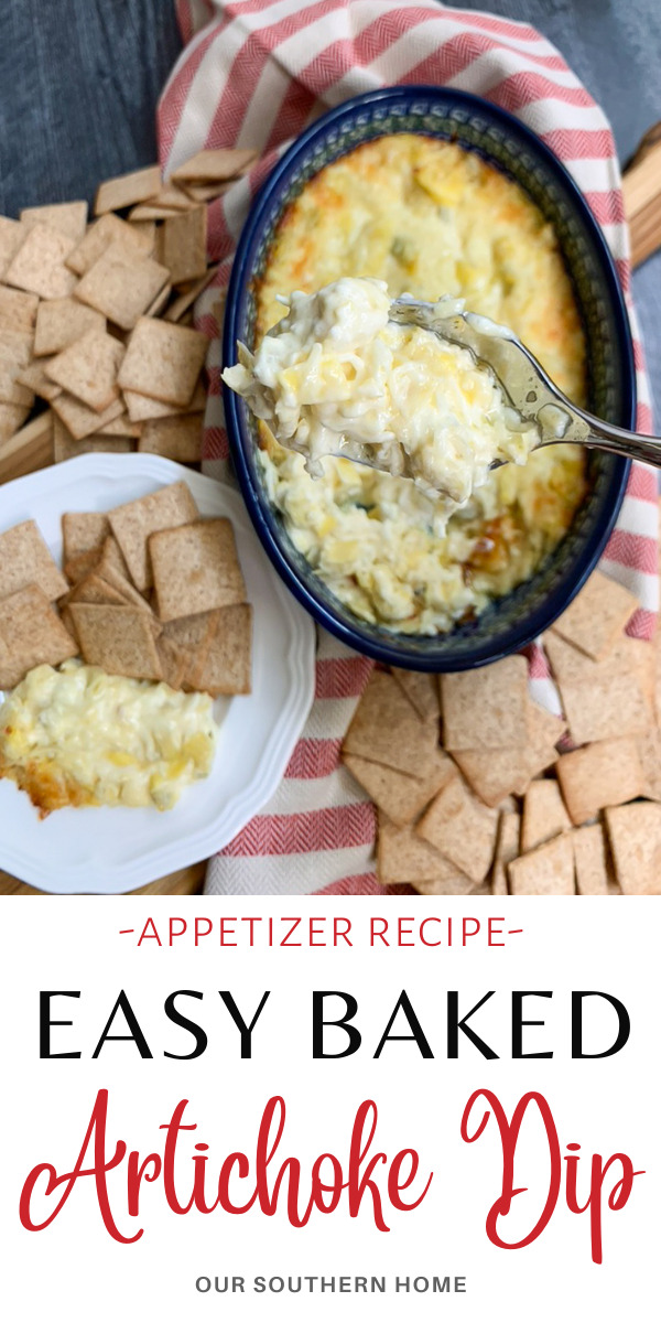 baked artichoke dip with crackers and text overlay