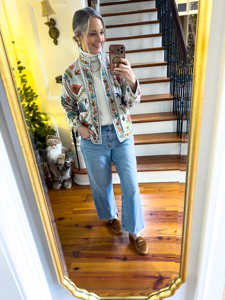 floral etsy jacket with jeans