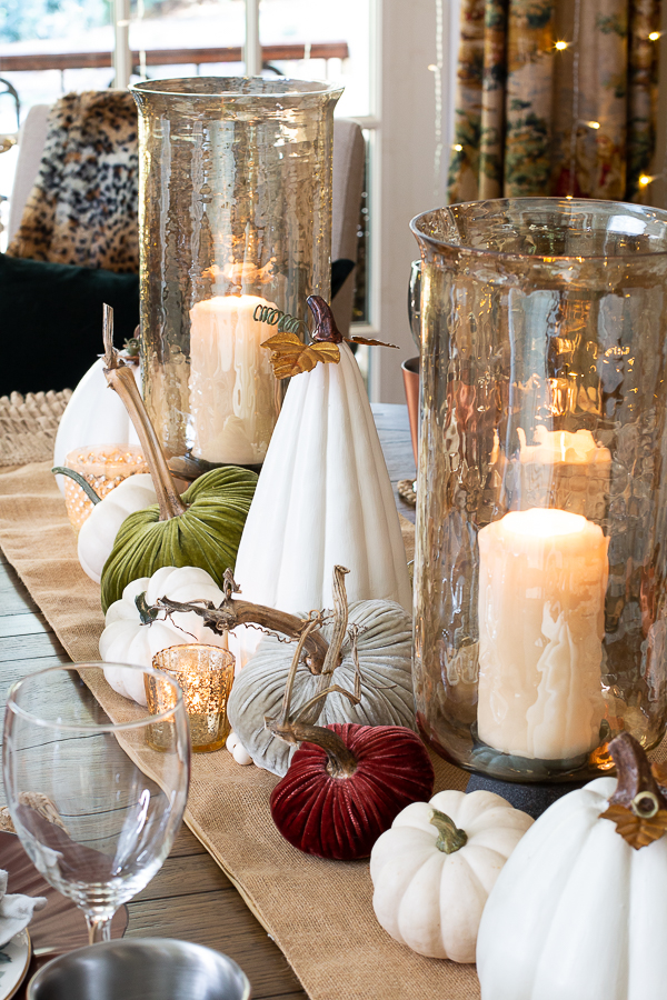 fall dining room with a mix of pumpkins