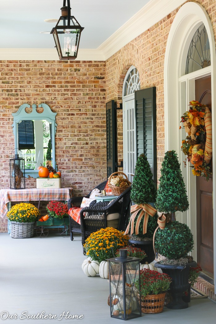 Fall home tour full of ideas for your porch and vignettes within you house via Our Southern Home #haintblue #byteblue