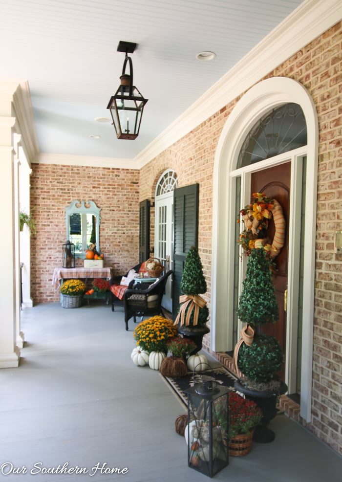 Fall home tour full of ideas for your porch and vignettes within you house via Our Southern Home #haintblue #byteblue